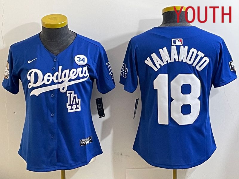 Youth Los Angeles Dodgers #18 Yamamoto Blue Game 2024 Nike MLB Jersey style 11214->youth mlb jersey->Youth Jersey
